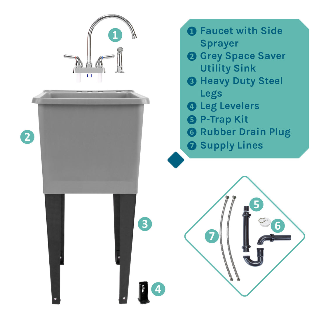 Tehila Space Saver Freestanding Grey Utility Sink with Chrome Finish Gooseneck Faucet and Side Sprayer - Utility sinks vanites Tehila