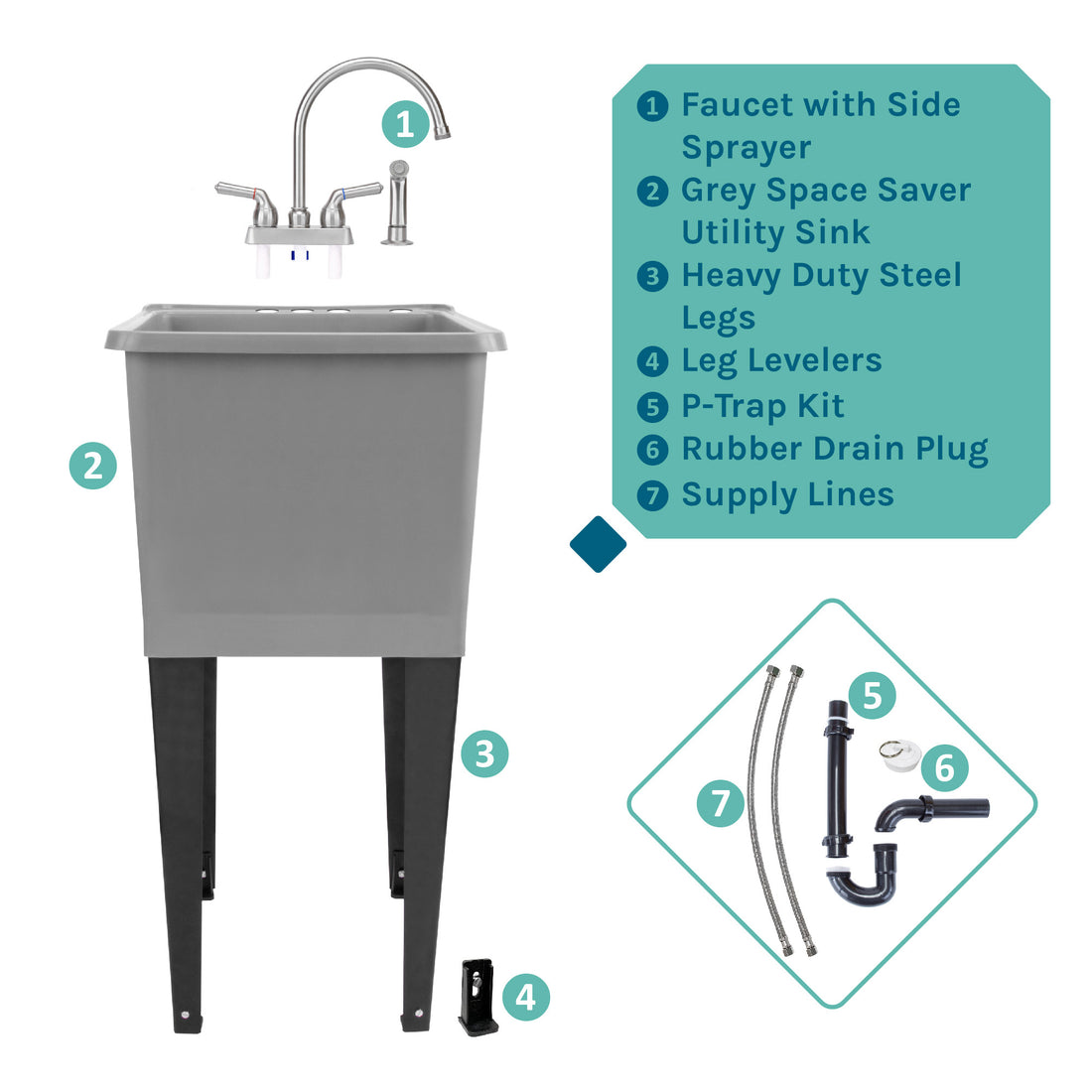 Tehila Space Saver Freestanding Grey Utility Sink with Stainless Steel Finish Gooseneck Faucet and Side Sprayer - Utility sinks vanites Tehila