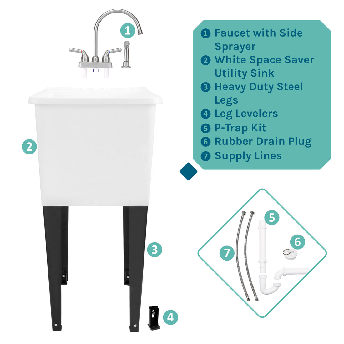 Tehila Space Saver Freestanding White Utility Sink with Stainless Steel Finish Gooseneck Faucet and Side Sprayer - Utility sinks vanites Tehila
