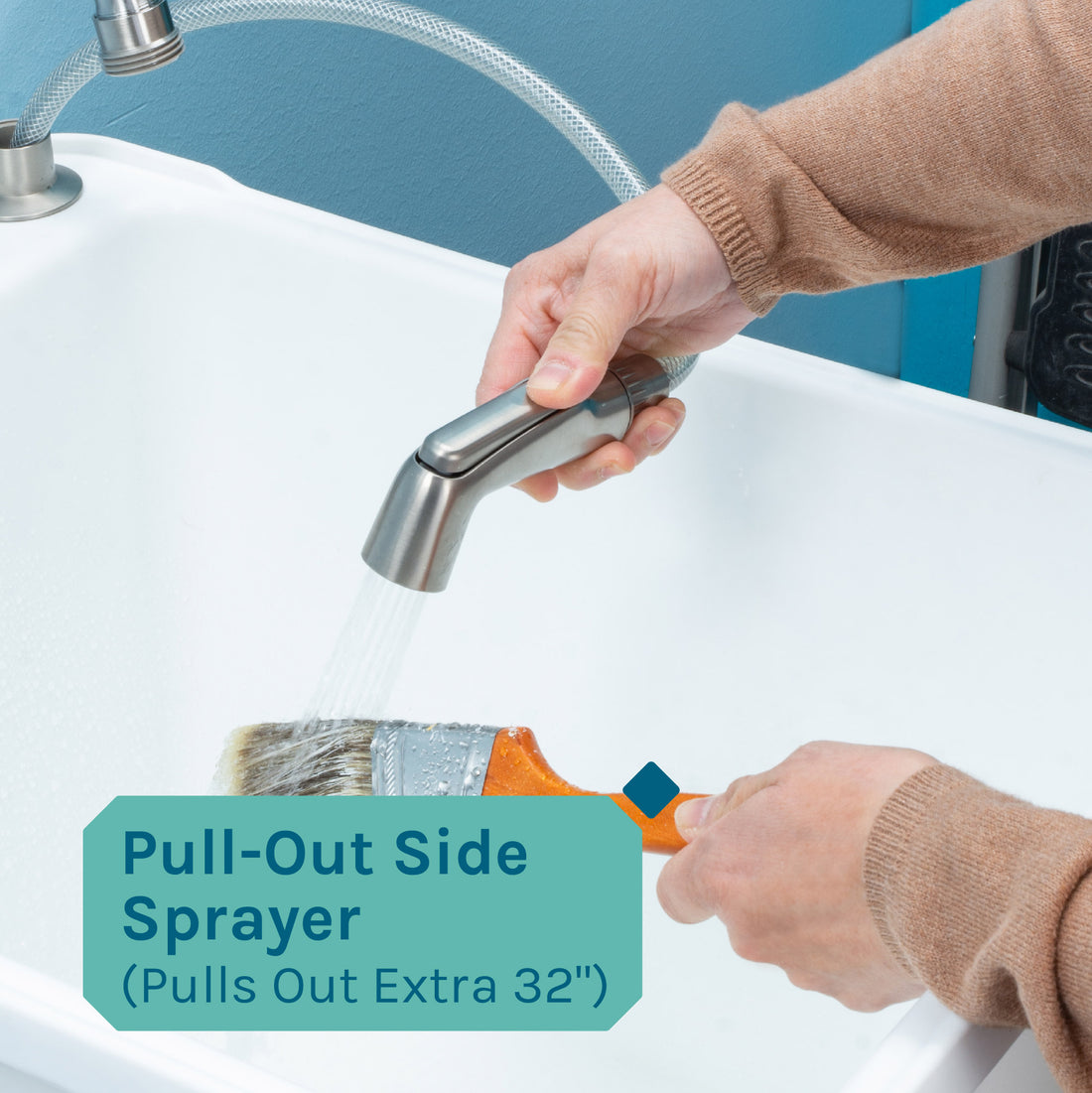 Tehila Space Saver Freestanding White Utility Sink with Stainless Steel Finish Gooseneck Faucet and Side Sprayer - Utility sinks vanites Tehila