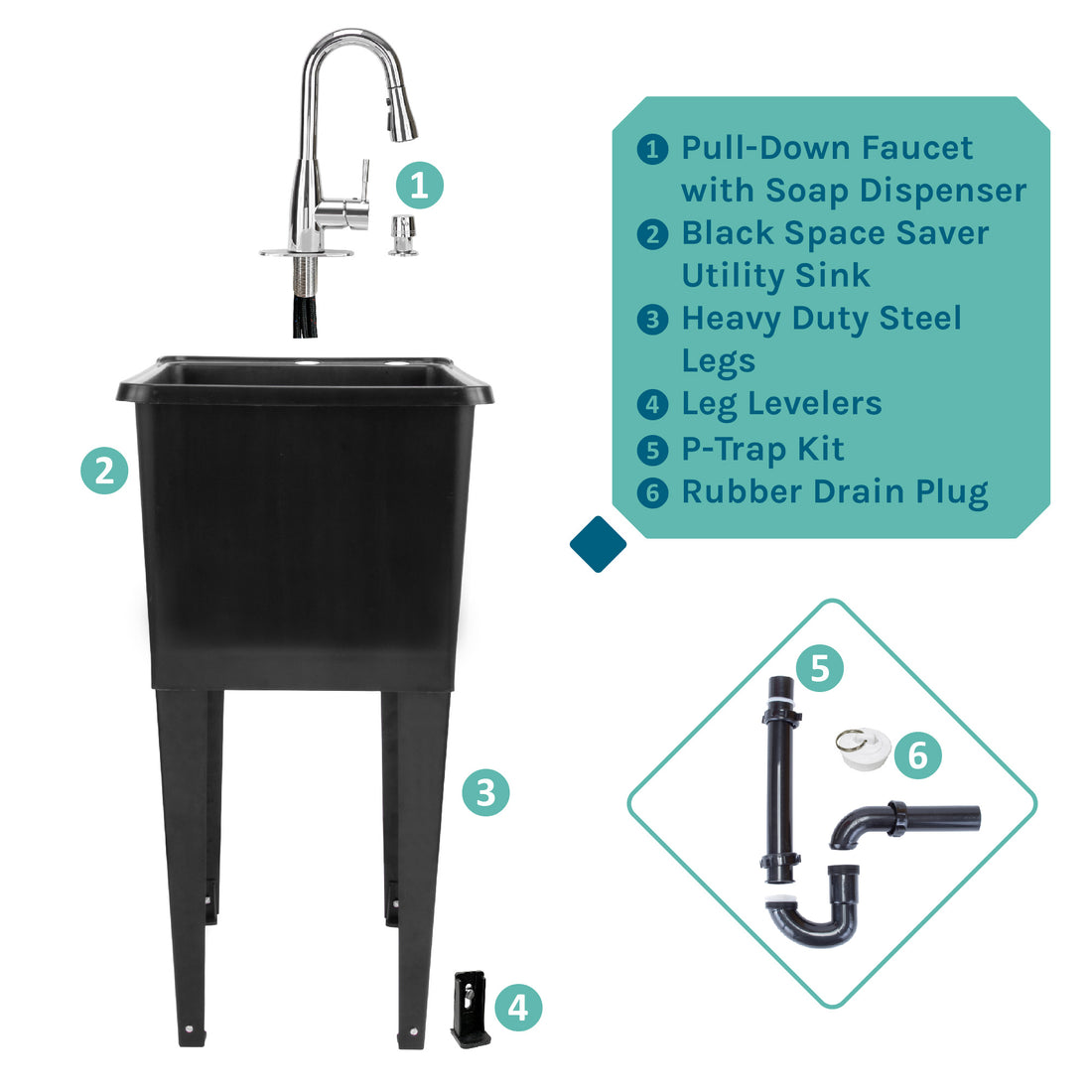 Tehila Space Saver Freestanding Black Utility Sink with Chrome Finish Low-Profile Pull-Down Faucet - Utility sinks vanites Tehila