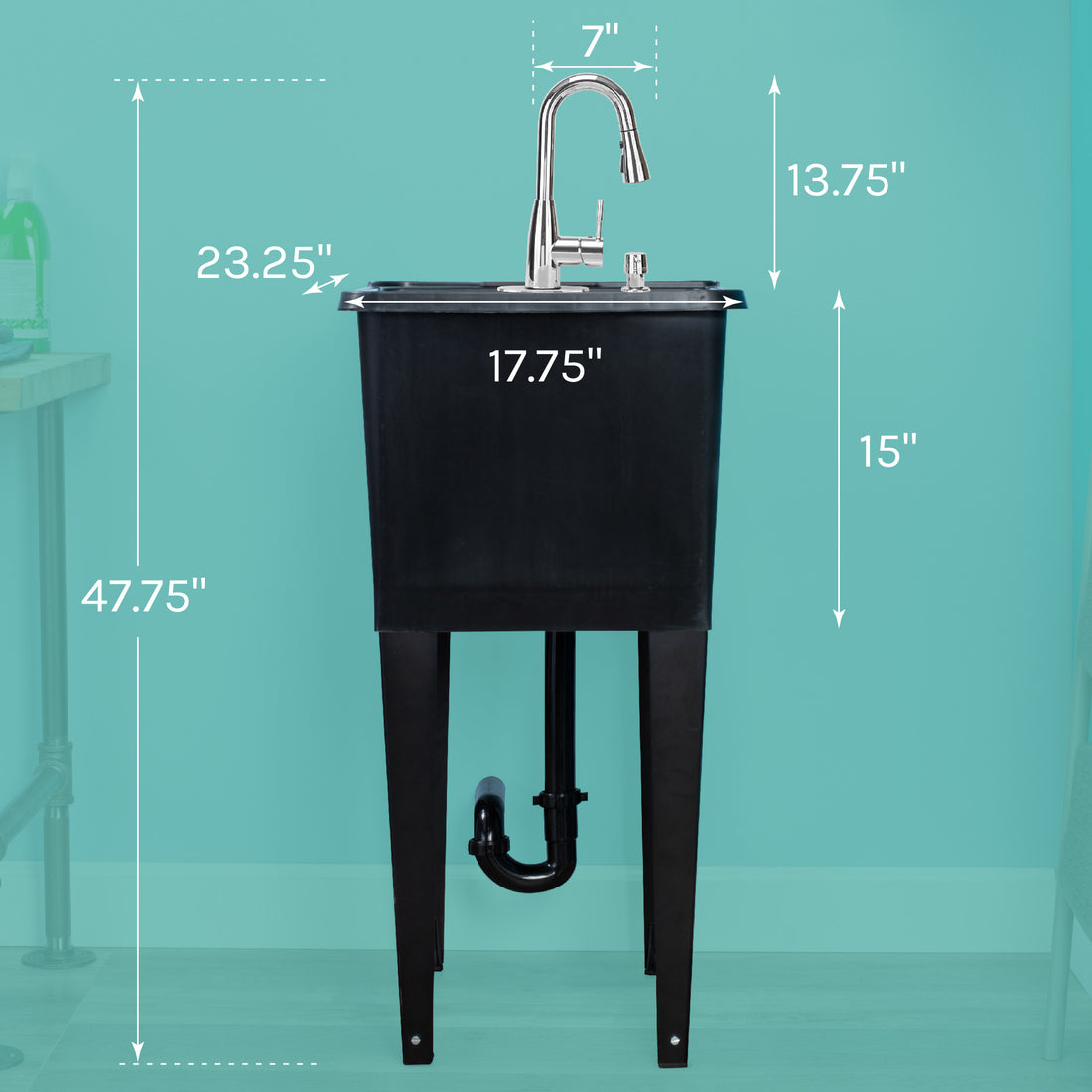 Tehila Space Saver Freestanding Black Utility Sink with Chrome Finish Low-Profile Pull-Down Faucet - Utility sinks vanites Tehila