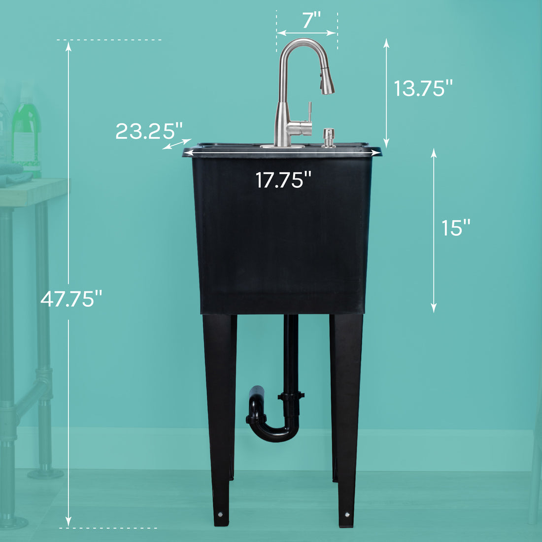 Tehila Space Saver Freestanding Black Utility Sink with Stainless Steel Finish Low-Profile Pull-Down Faucet - Utility sinks vanites Tehila