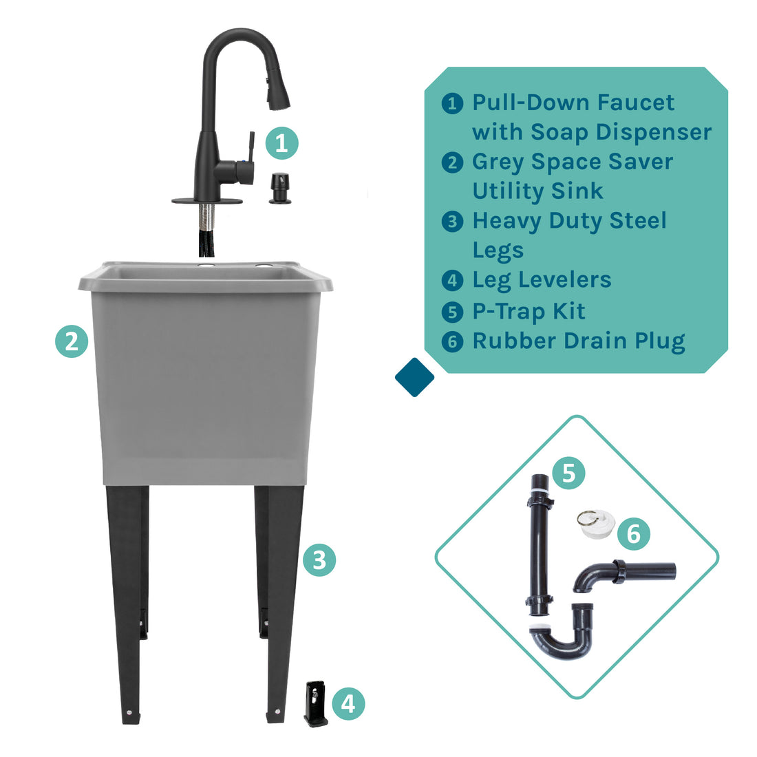 Tehila Space Saver Freestanding Grey Utility Sink with Black Finish Low-Profile Pull-Down Faucet - Utility sinks vanites Tehila