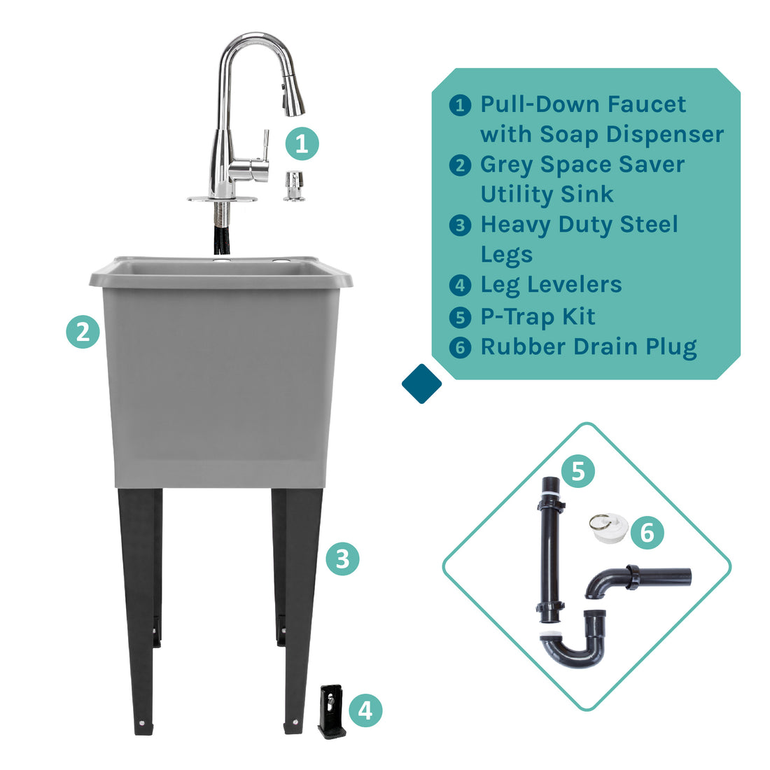 Tehila Space Saver Freestanding Grey Utility Sink with Chrome Finish Low-Profile Pull-Down Faucet - Utility sinks vanites Tehila