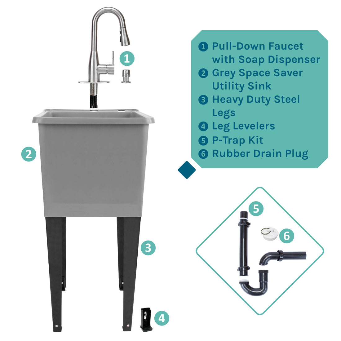 Tehila Space Saver Freestanding Grey Utility Sink with Stainless Steel Finish Low-Profile Pull-Down Faucet - Utility sinks vanites Tehila