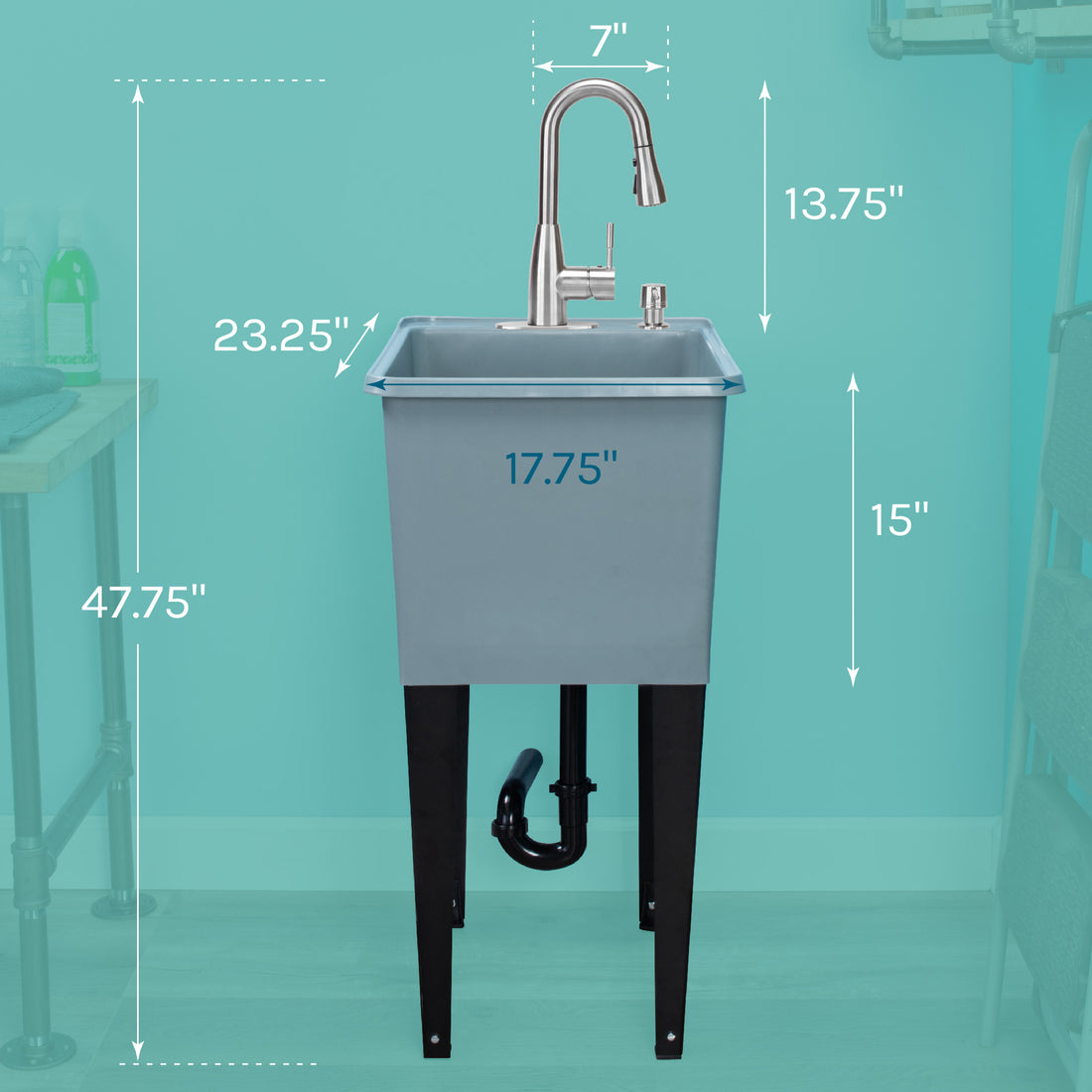 Tehila Space Saver Freestanding Grey Utility Sink with Stainless Steel Finish Low-Profile Pull-Down Faucet - Utility sinks vanites Tehila