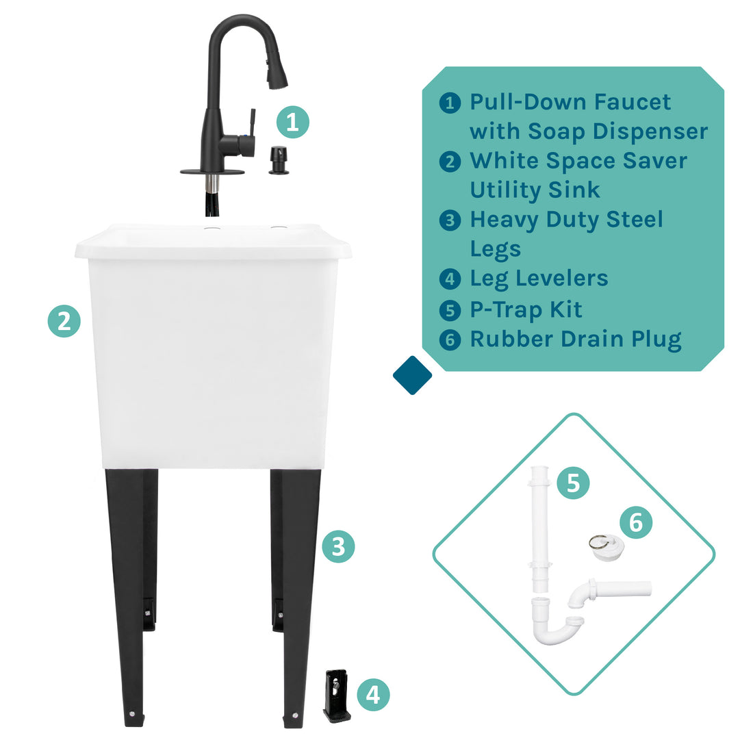 Tehila Space Saver Freestanding White Utility Sink with Black Finish Low-Profile Pull-Down Faucet - Utility sinks vanites Tehila