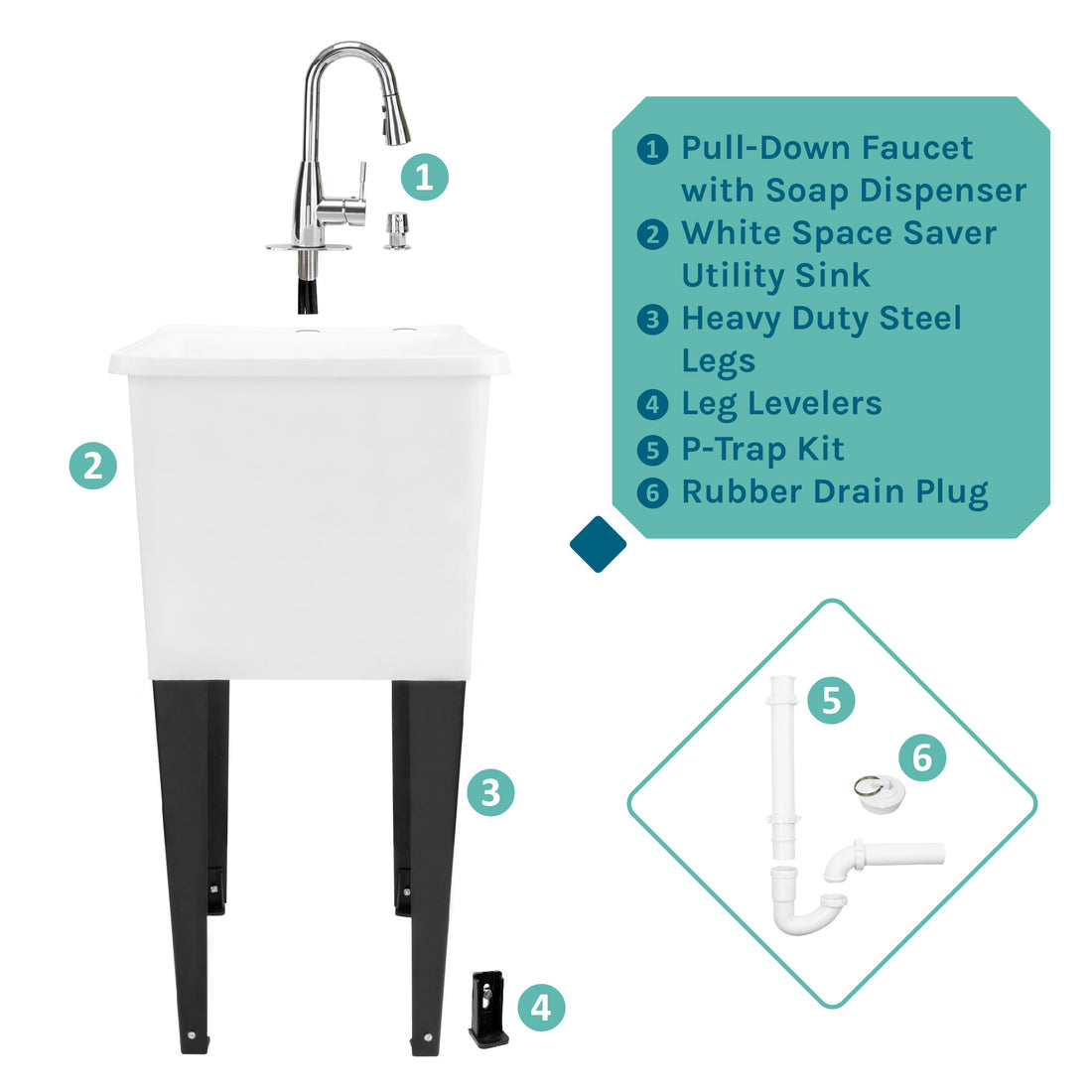 Tehila Space Saver Freestanding White Utility Sink with Chrome Finish Low-Profile Pull-Down Faucet - Utility sinks vanites Tehila