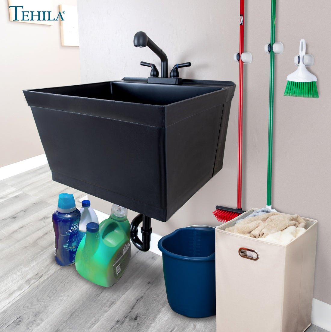 Tehila Standard Wall-Mounted Black Utility Sink with Black Finish Pull-Out Faucet - Utility sinks vanites Tehila