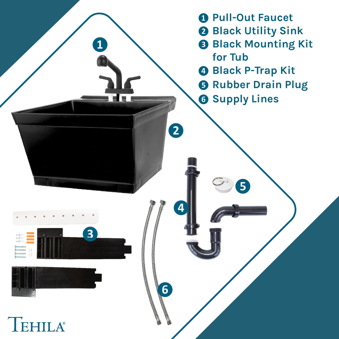 Tehila Standard Wall-Mounted Black Utility Sink with Black Finish Pull-Out Faucet - Utility sinks vanites Tehila