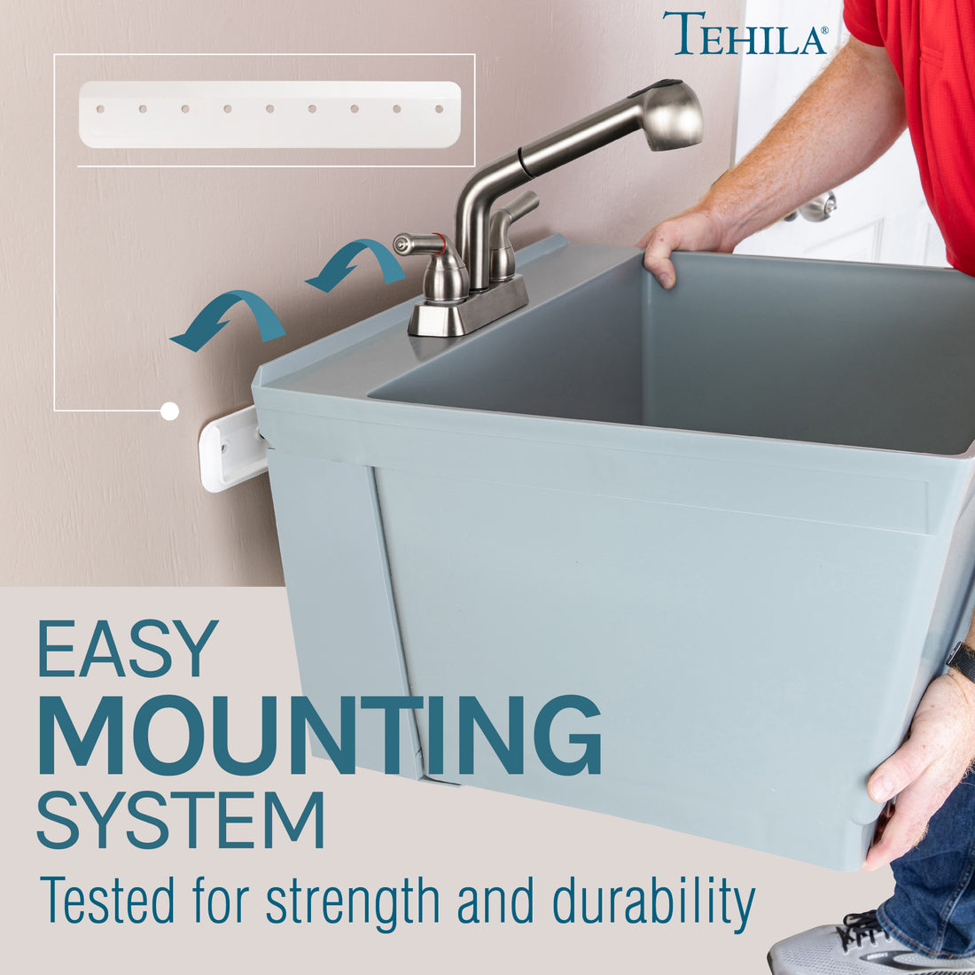 Tehila Standard Wall-Mounted Grey Utility Sink with Stainless Steel Finish Pull-Out Faucet - Utility sinks vanites Tehila