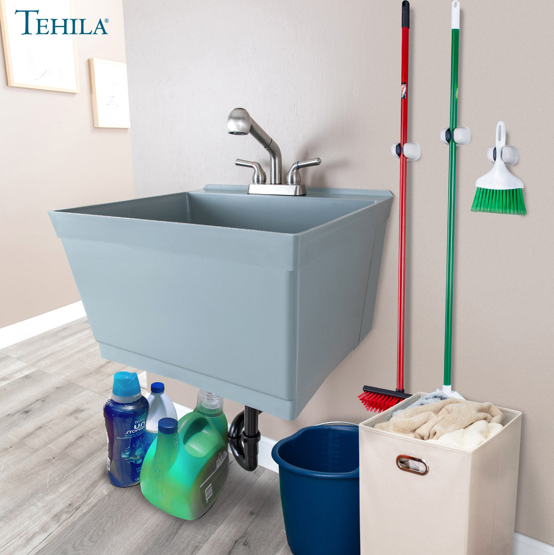 Tehila Standard Wall-Mounted Grey Utility Sink with Stainless Steel Finish Pull-Out Faucet - Utility sinks vanites Tehila