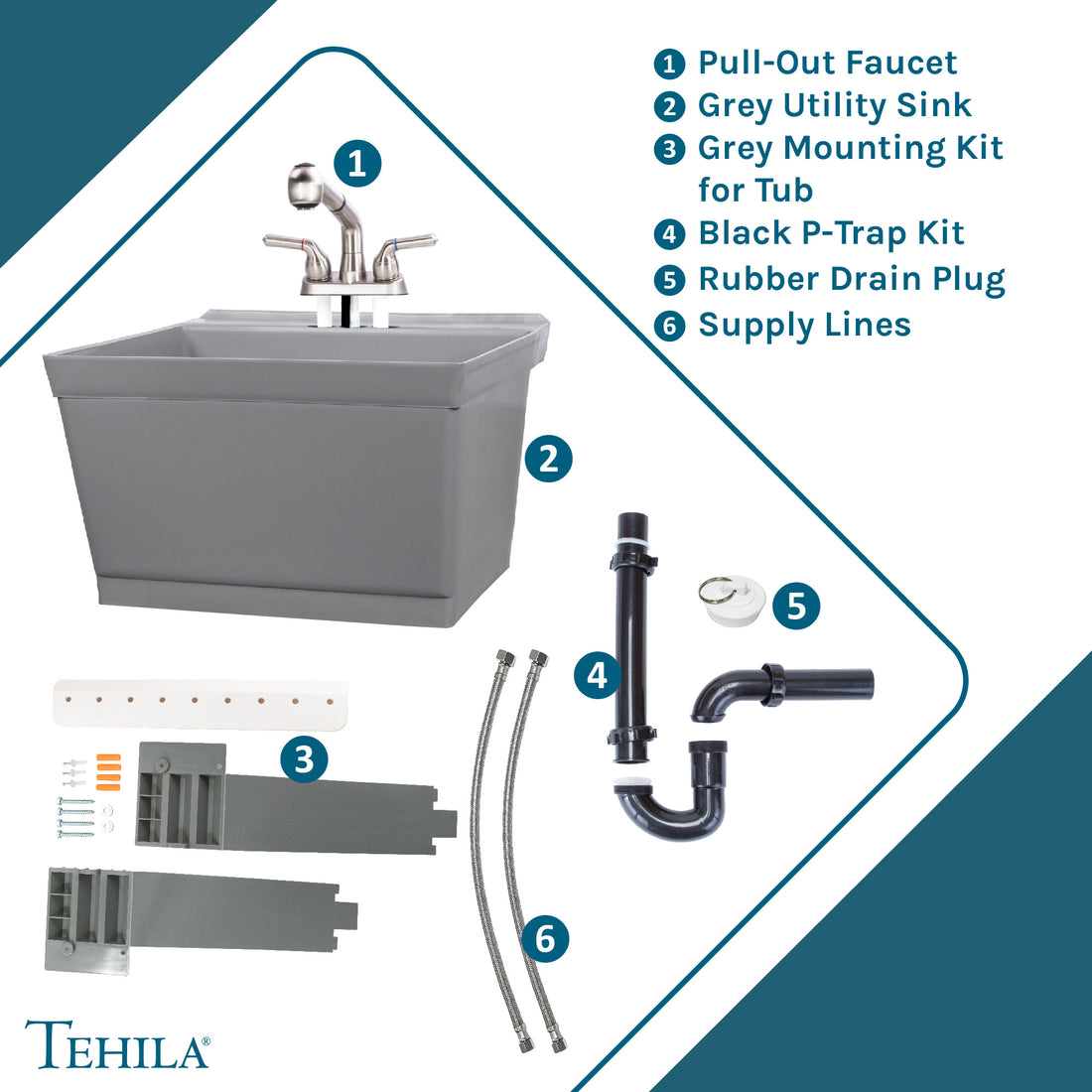 Tehila Standard Wall-Mounted Grey Utility Sink with Stainless Steel Finish Pull-Out Faucet - Utility sinks vanites Tehila