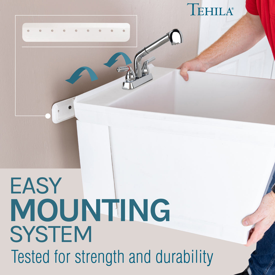 Tehila Standard Wall-Mounted White Utility Sink with Chrome Finish Pull-Out Faucet - Utility sinks vanites Tehila
