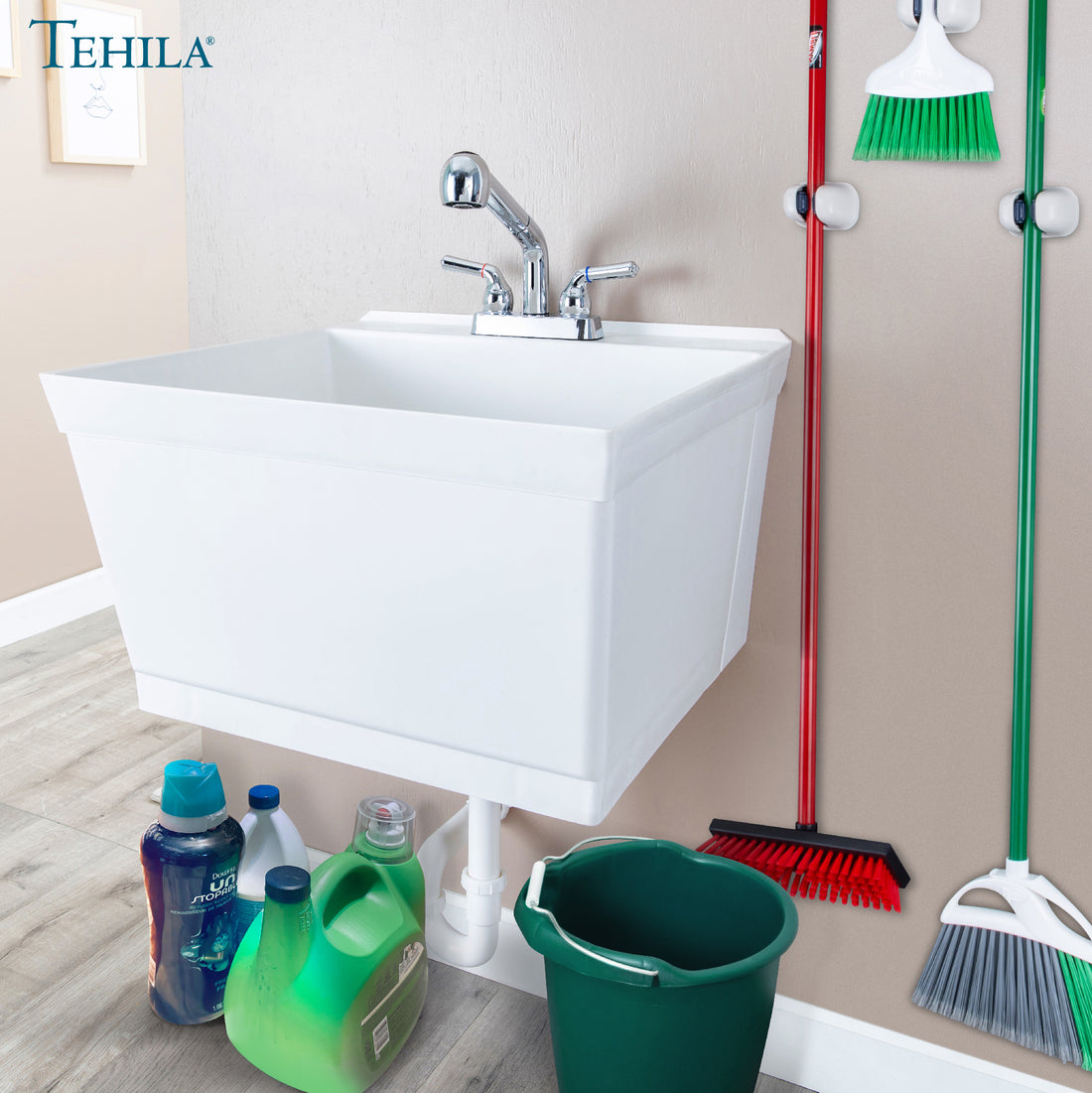 Tehila Standard Wall-Mounted White Utility Sink with Chrome Finish Pull-Out Faucet - Utility sinks vanites Tehila