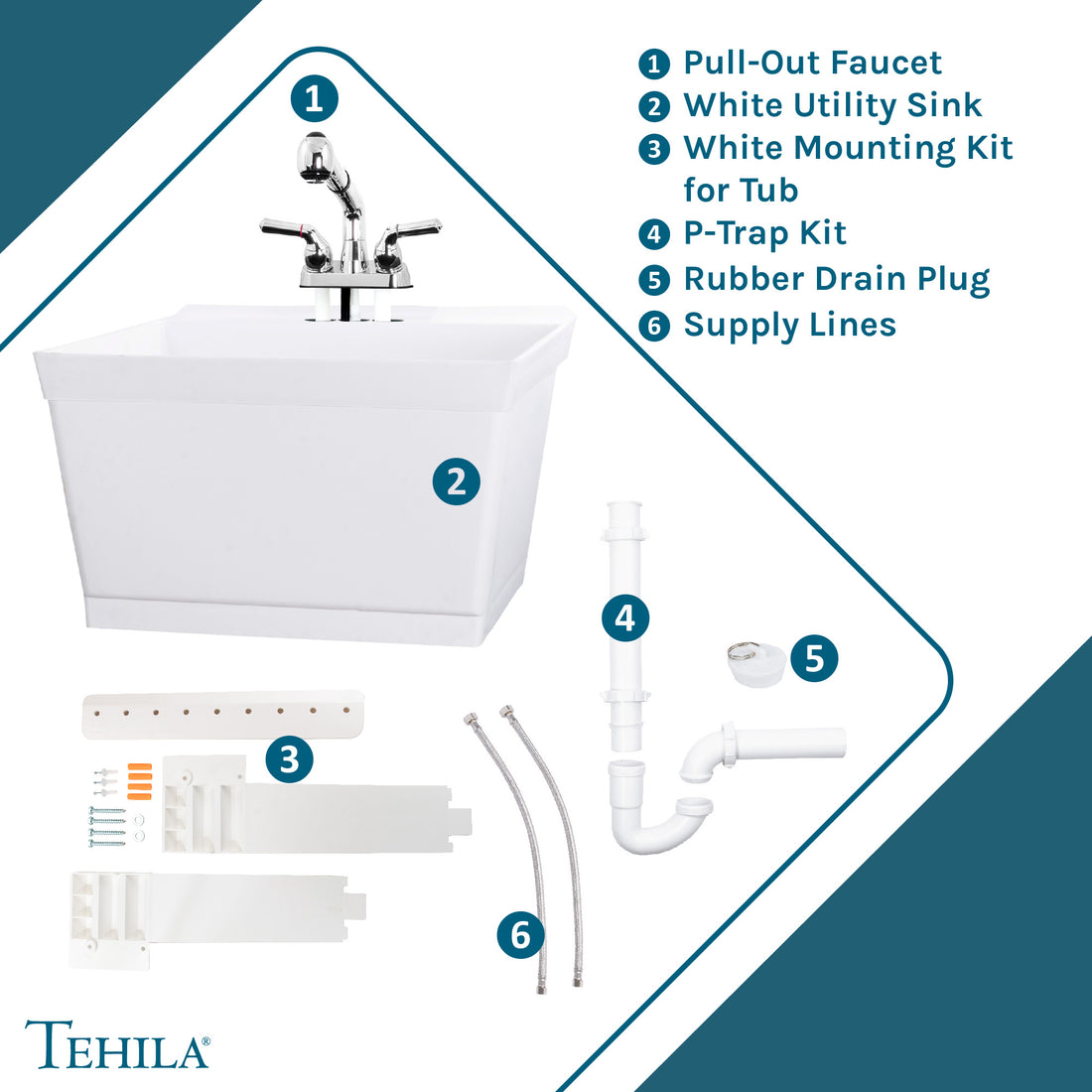 Tehila Standard Wall-Mounted White Utility Sink with Chrome Finish Pull-Out Faucet - Utility sinks vanites Tehila