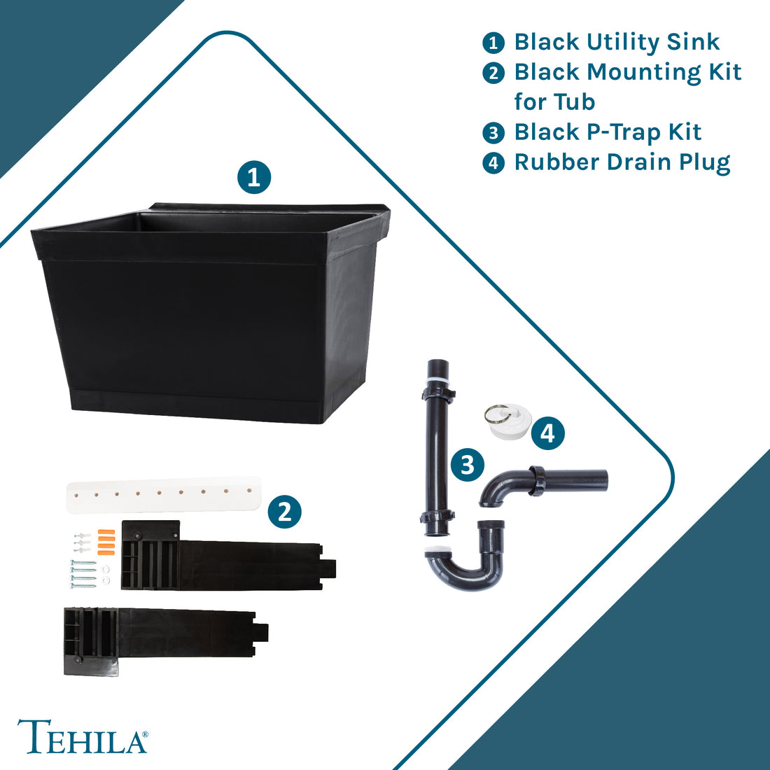 Tehila Black Standard Utility Sink Contents Black Utility Sink | Black Mounting Kit for Tub | Black P-Trap Kit | Rubber Drain Plug