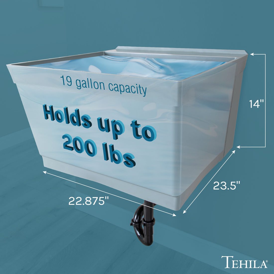 Grey Standard Utility Sink can hold up to 200 lbs or 19 gallons with the perimeter dimensions of the Sink