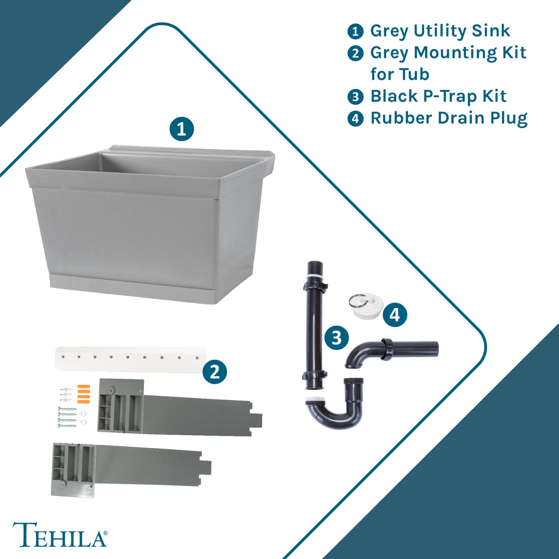 Grey Standard Utility Sink Contents  | Grey Mounting Kit for Tub | Black P-Trap Kit | Rubber Drain Plug