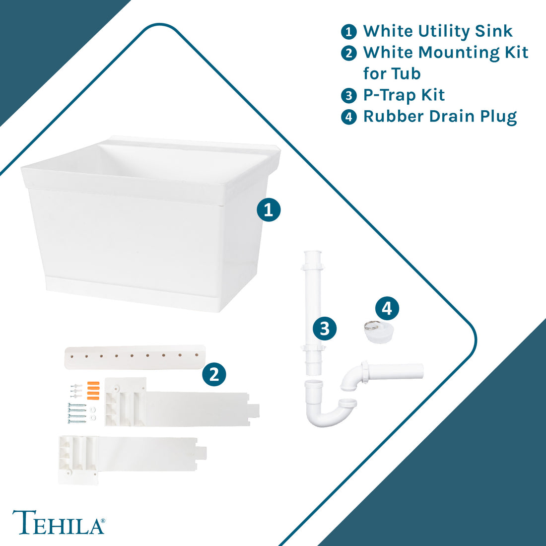 White Standard Utility Sink Contents White Utility Sink |  White Mounting Kit for Tub | P-Trap Kit | Rubber Drain Plug