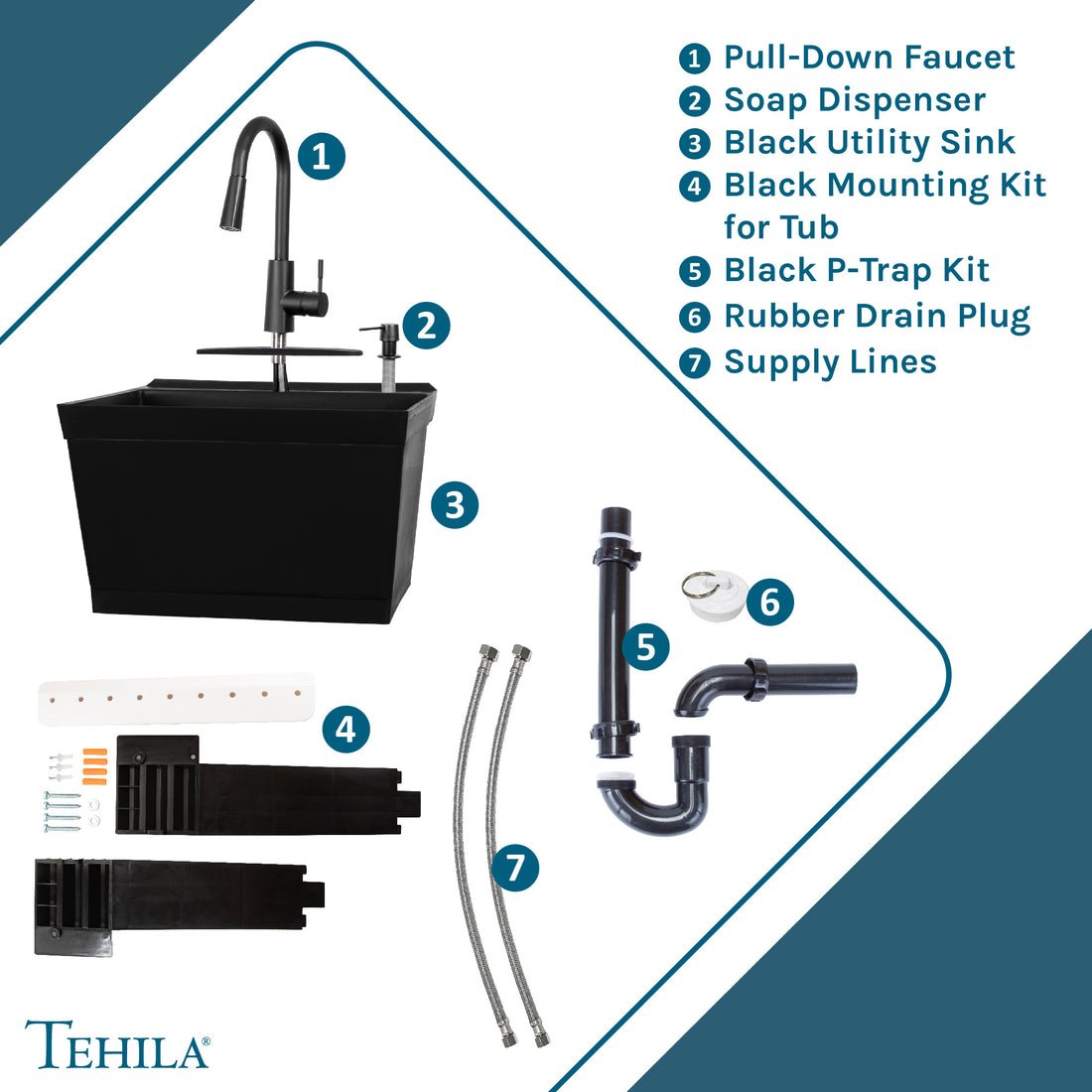 Tehila Standard Wall-Mounted Black Utility Sink with Black Finish Pull-Down Faucet - Utility sinks vanites Tehila