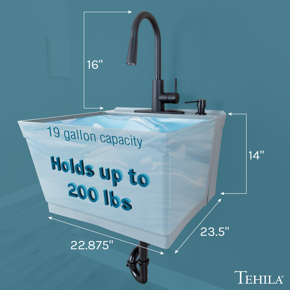 Tehila Standard Wall-Mounted Grey Utility Sink with Black Finish Pull-Down Faucet - Utility sinks vanites Tehila