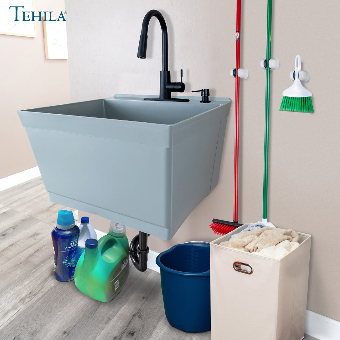 Tehila Standard Wall-Mounted Grey Utility Sink with Black Finish Pull-Down Faucet - Utility sinks vanites Tehila