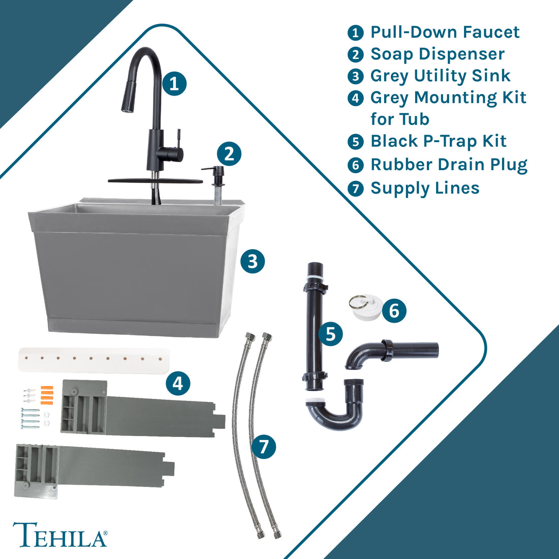 Tehila Standard Wall-Mounted Grey Utility Sink with Black Finish Pull-Down Faucet - Utility sinks vanites Tehila