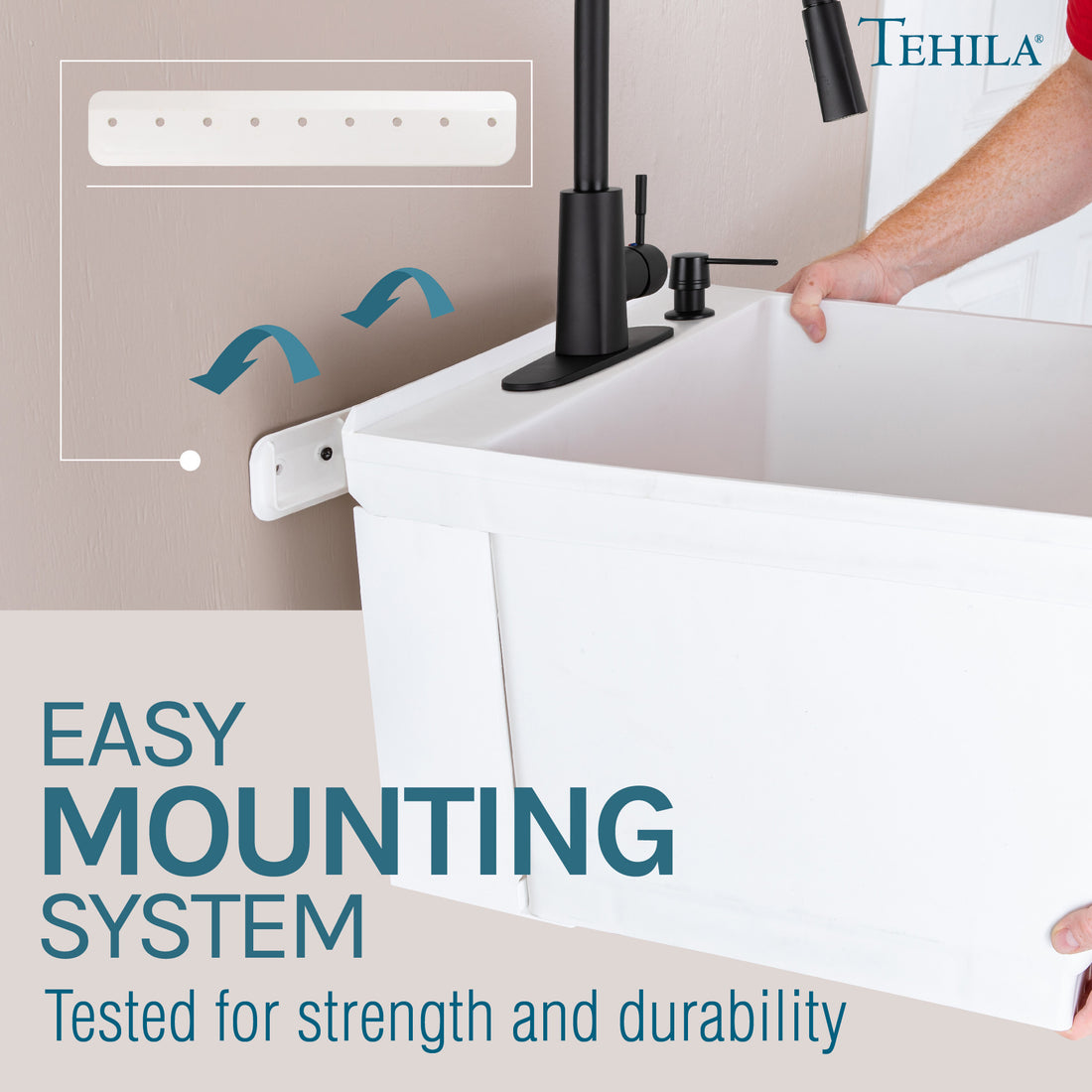 Tehila Standard Wall-Mounted White Utility Sink with Black Finish Pull-Down Faucet - Utility sinks vanites Tehila