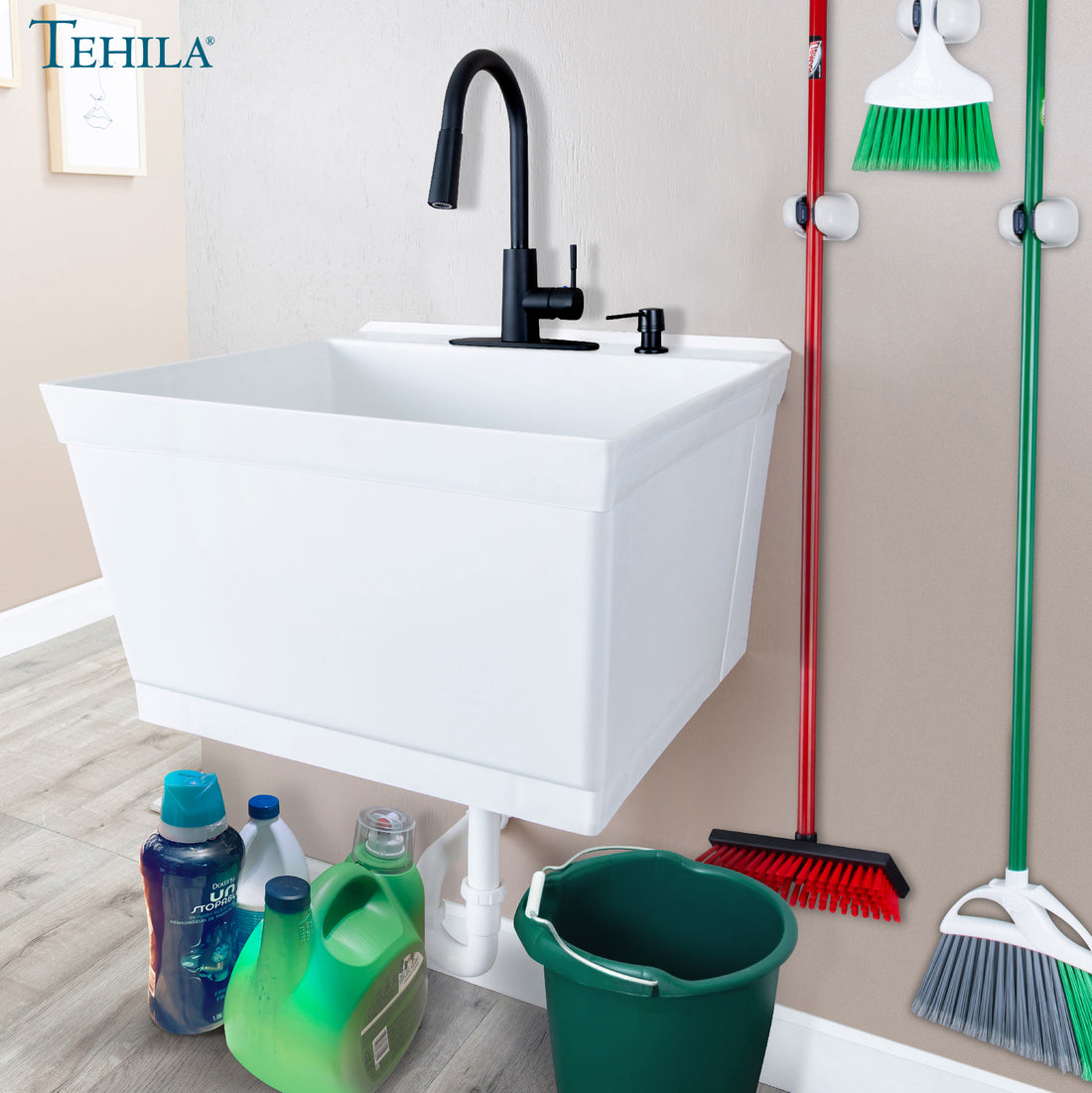 Tehila Standard Wall-Mounted White Utility Sink with Black Finish Pull-Down Faucet - Utility sinks vanites Tehila