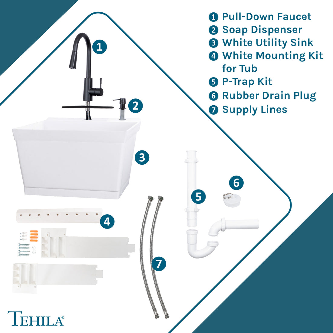 Tehila Standard Wall-Mounted White Utility Sink with Black Finish Pull-Down Faucet - Utility sinks vanites Tehila