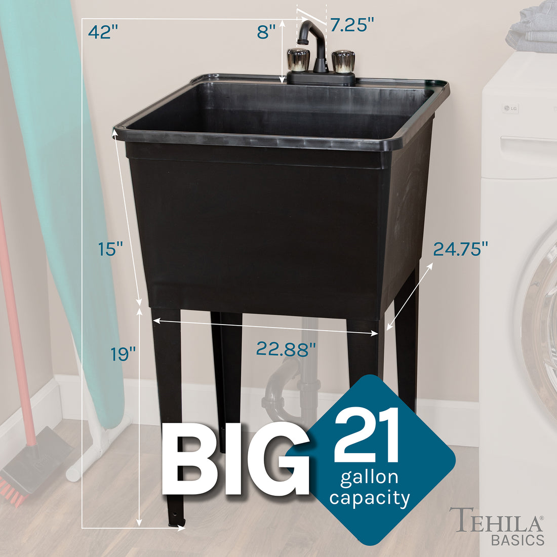 Tehila Basics Freestanding Black Utility Sink with Black Finish Dual Handle Utility Faucet - Utility sinks vanites Tehila