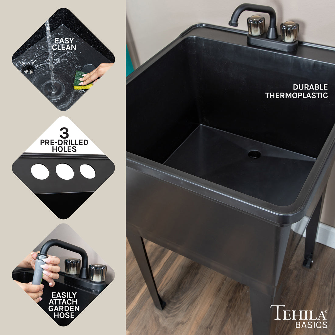 Tehila Basics Freestanding Black Utility Sink with Black Finish Dual Handle Utility Faucet - Utility sinks vanites Tehila