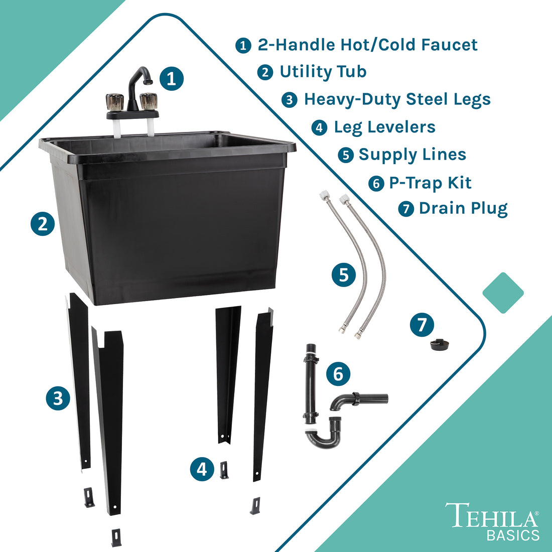 Tehila Basics Freestanding Black Utility Sink with Black Finish Dual Handle Utility Faucet - Utility sinks vanites Tehila