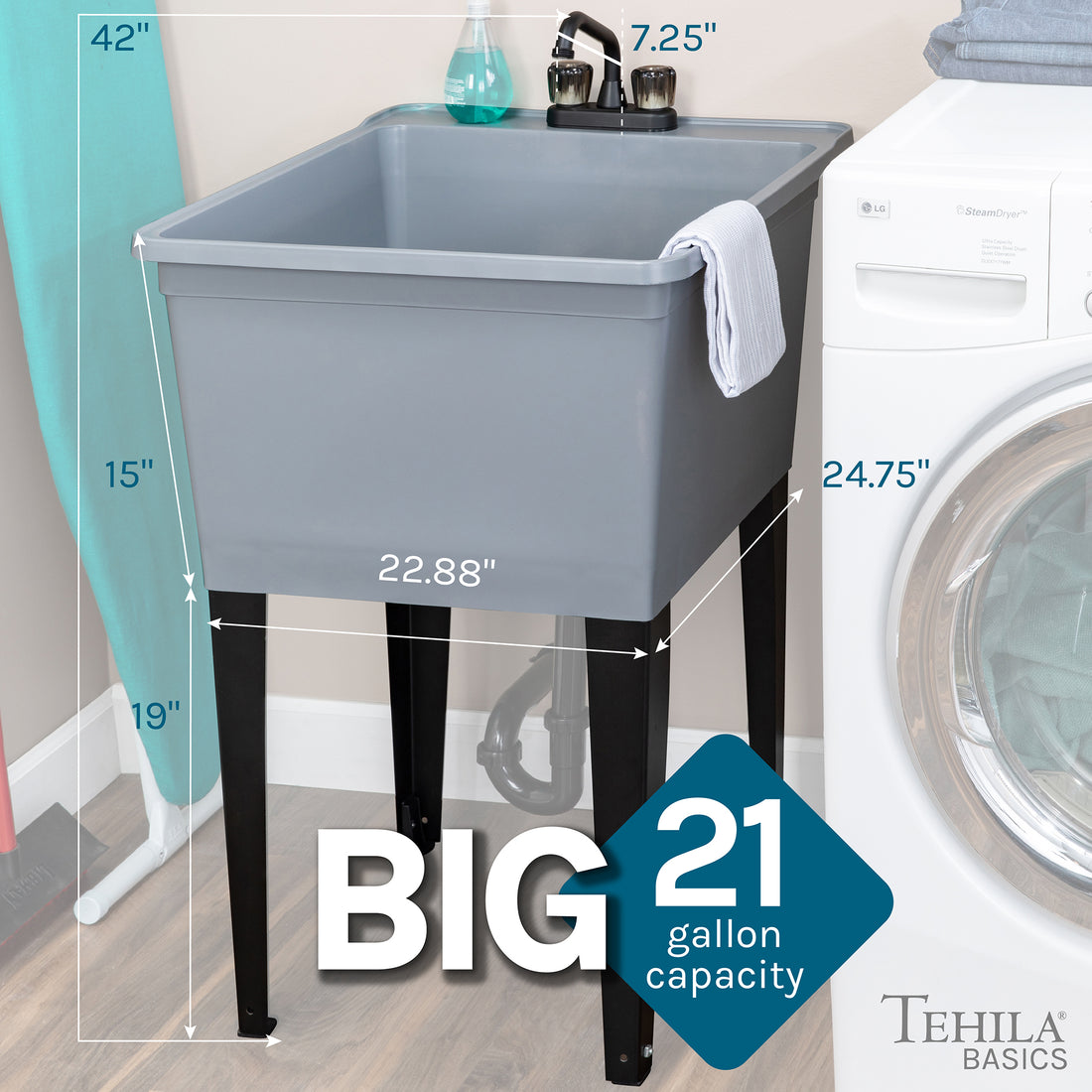 Tehila Basics Freestanding Grey Utility Sink with Black Finish Dual Handle  Utility Faucet