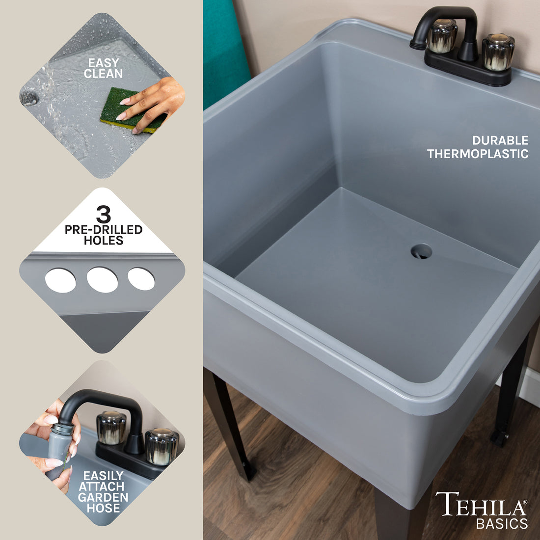 Tehila Basics Freestanding Grey Utility Sink with Black Finish Dual Handle Utility Faucet - Utility sinks vanites Tehila