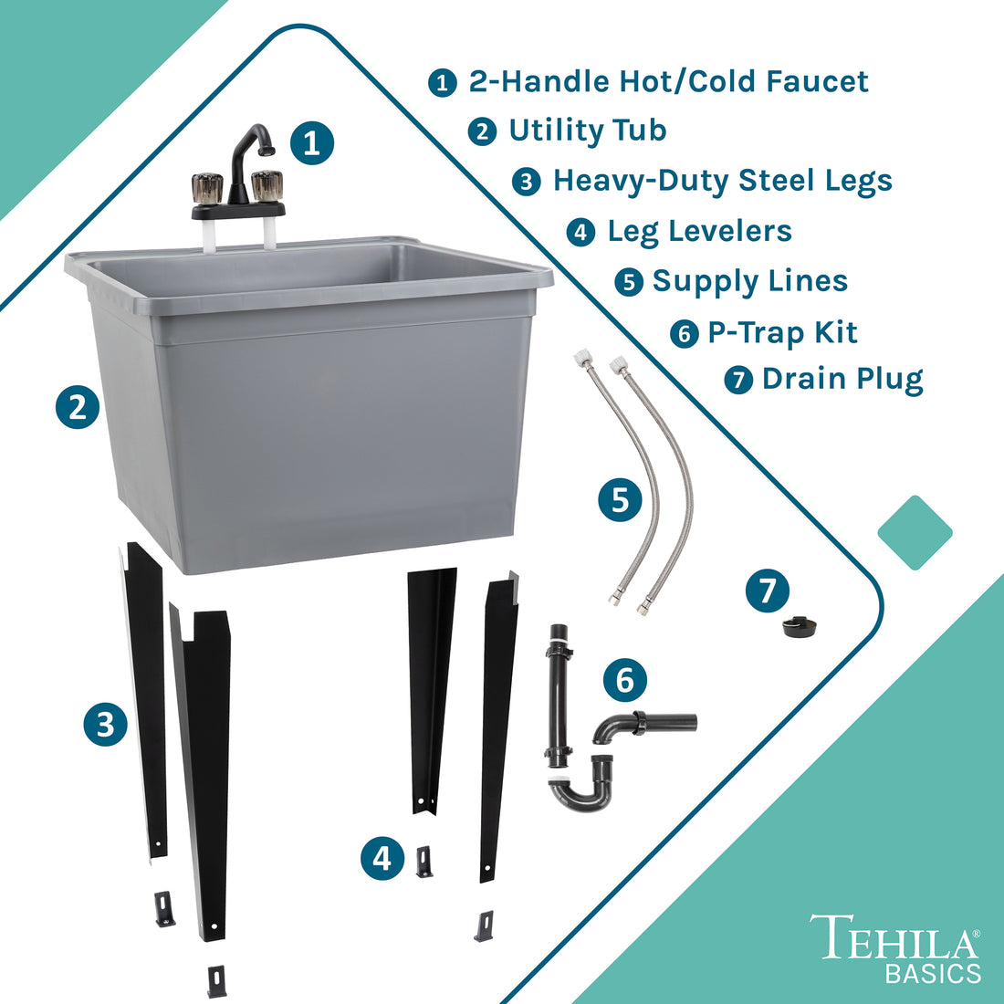 Tehila Basics Freestanding Grey Utility Sink with Black Finish Dual Handle Utility Faucet - Utility sinks vanites Tehila