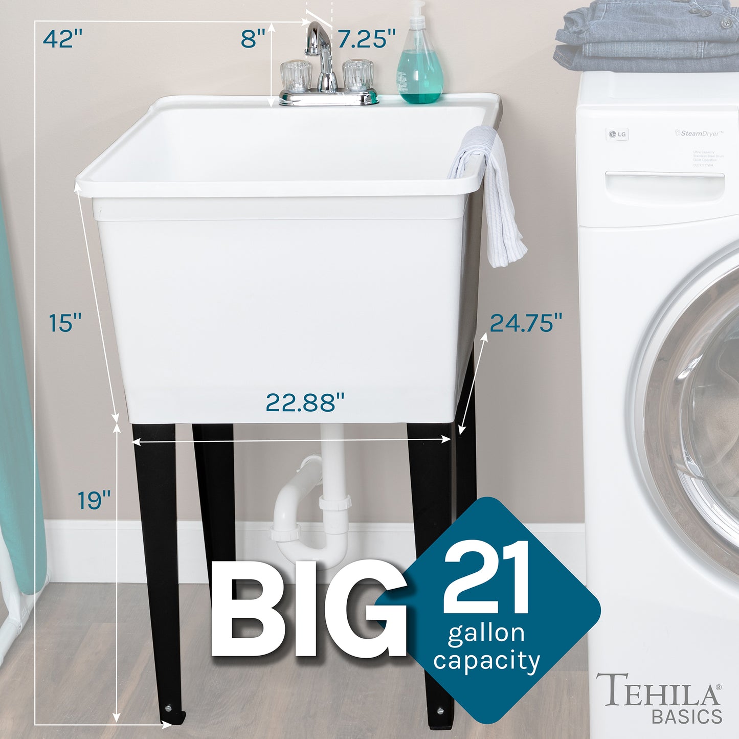 Tehila Basics Freestanding White Utility Sink with Chrome Finish Dual Handle Utility Faucet - Utility sinks vanites Tehila