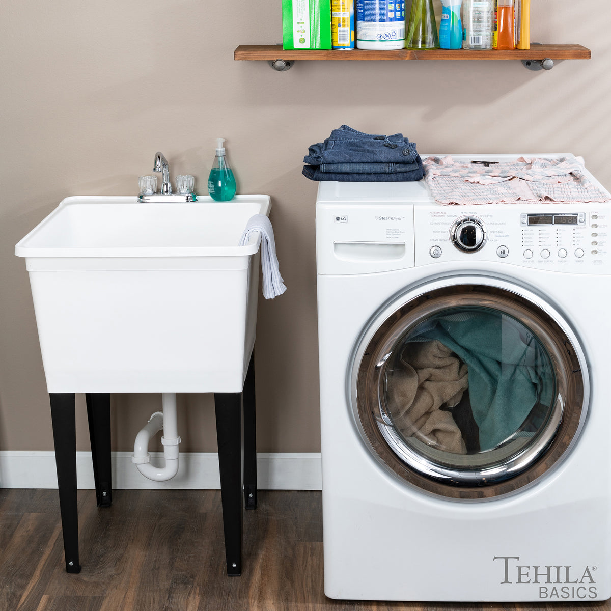 Tehila Basics Freestanding White Utility Sink with Chrome Finish Dual Handle Utility Faucet - Utility sinks vanites Tehila