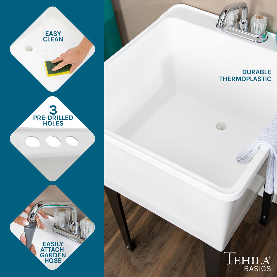 Tehila Basics Freestanding White Utility Sink with Chrome Finish Dual Handle Utility Faucet - Utility sinks vanites Tehila
