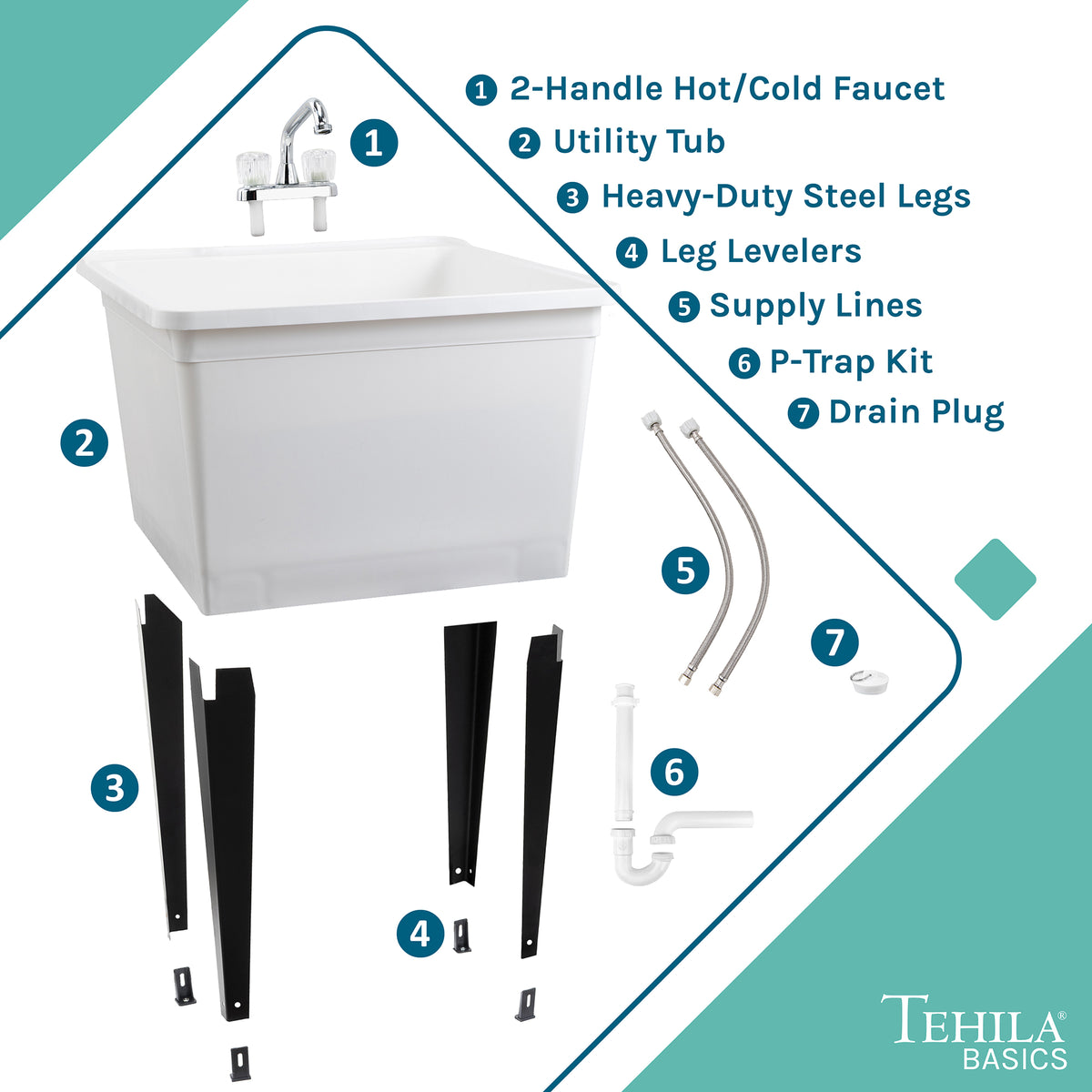 Tehila Basics Freestanding White Utility Sink with Chrome Finish Dual Handle Utility Faucet - Utility sinks vanites Tehila