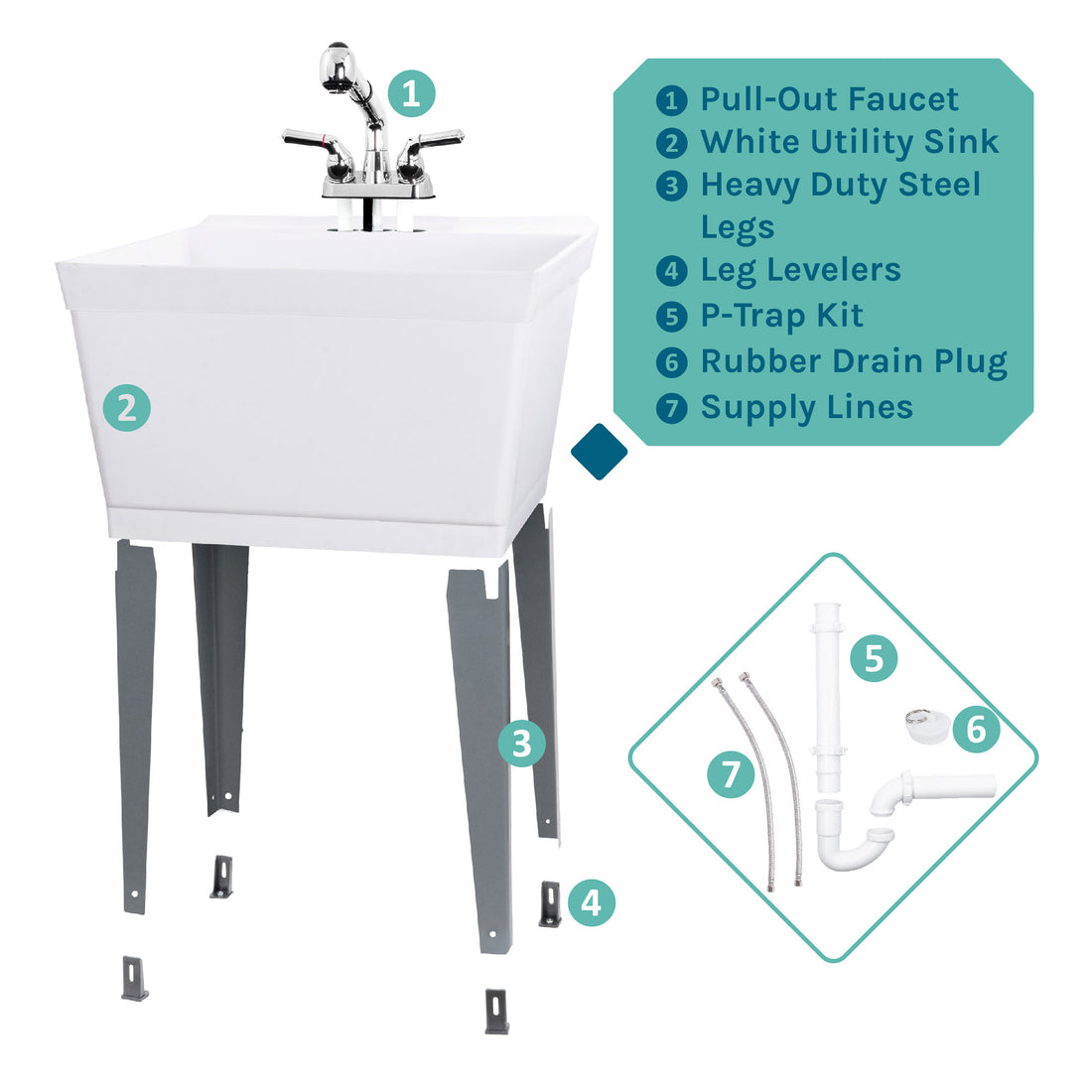 Tehila Standard Freestanding White Utility Sink with Chrome Finish Pull-Out Faucet - Utility sinks vanites Tehila