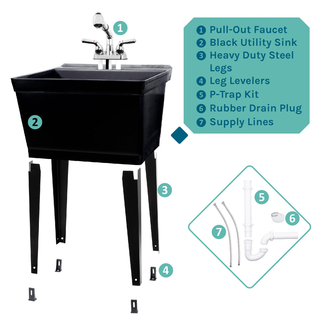 Tehila Standard Freestanding Black Utility Sink with Chrome Finish Pull-Out Faucet - Utility sinks vanites Tehila