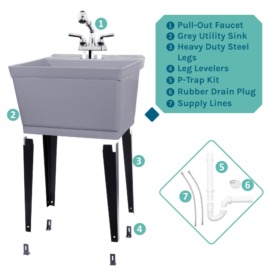 Tehila Standard Freestanding Grey Utility Sink with Chrome Finish Pull-Out Faucet - Utility sinks vanites Tehila
