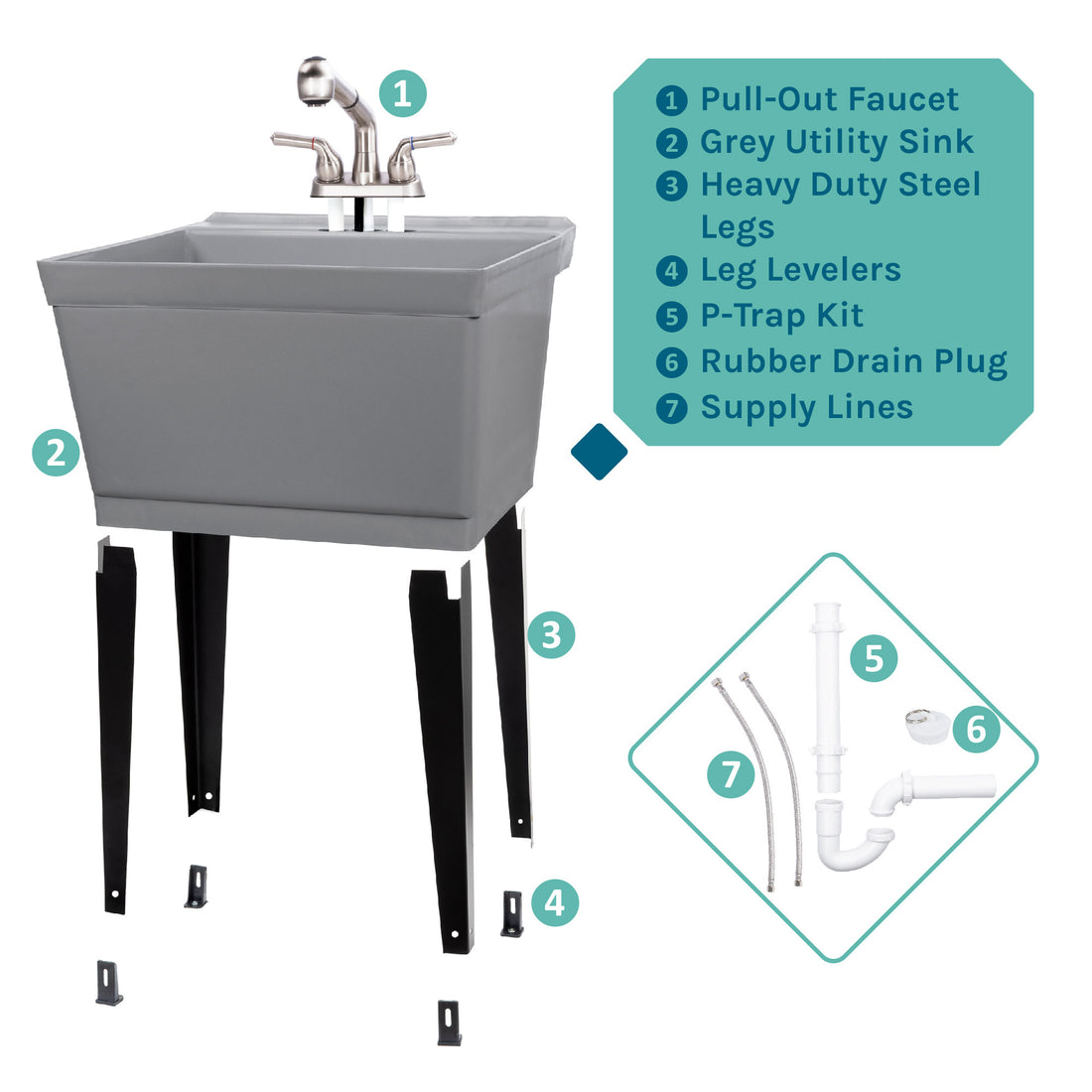 Tehila Standard Freestanding Grey Utility Sink with Stainless Steel Finish Pull-Out Faucet - Utility sinks vanites Tehila
