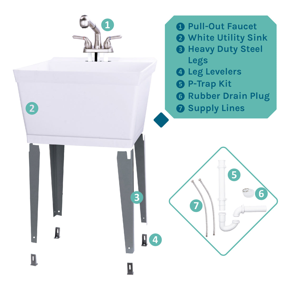 Tehila Standard Freestanding White Utility Sink with Stainless Steel Finish Pull-Out Faucet - Utility sinks vanites Tehila