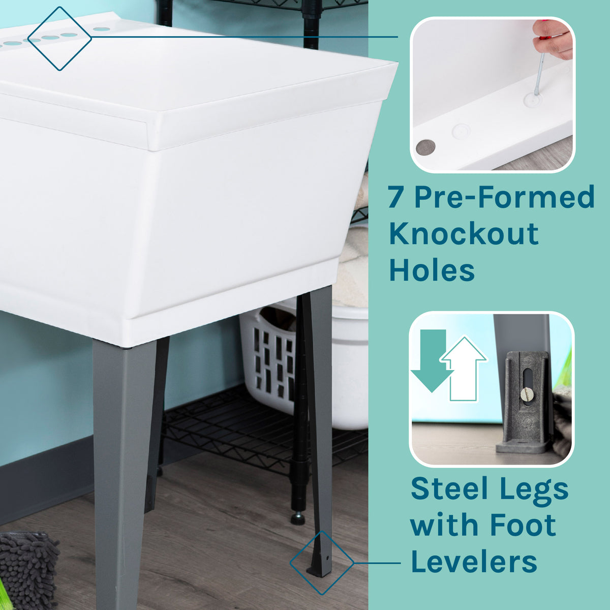 Tehila Standard Freestanding White Utility Sink with Stainless Steel Finish Pull-Out Faucet - Utility sinks vanites Tehila