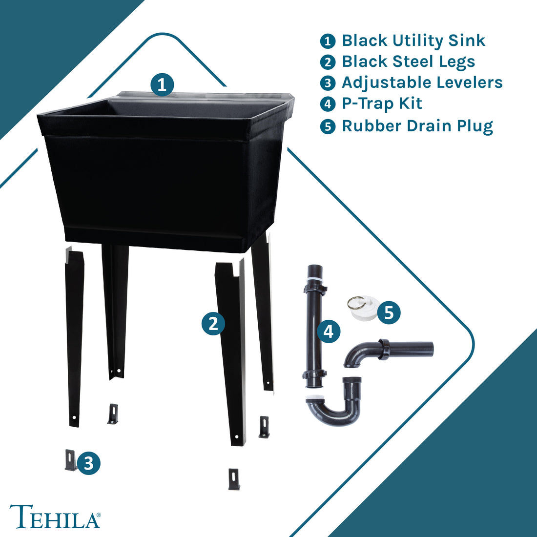 Black Standard Utility Sink Contents Black Utility Sink | Black Steel Legs | Adjustable Levelers | P-Trap Kit | Rubber Drain Plug