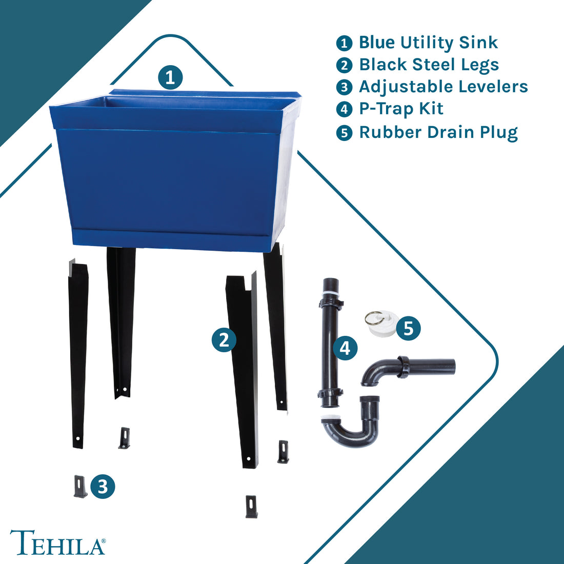 Blue Standard Utility Sink Contents Blue Utility Sink | Black Steel Legs | Adjustable Levelers | P-Trap Kit | Rubber Drain Plug